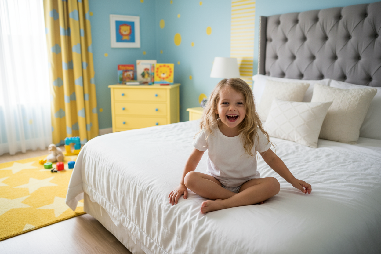 
Na obrazku widać małą dziewczynkę, która siedzi na łóżku w pokoju.

Dziewczynka jest w białej koszulce i ma roześmianą twarz z szeroko otwartymi ustami, co sugeruje radość i zabawę. Ma jasne, długie włosy.

Siedzi na dużym łóżku z białą pościelą i kilkoma poduszkami. Tło łóżka stanowi szary, tapicerowany zagłówek.

Ściany pokoju są niebieskie, dobrze grajace z dziececym zoltym kolorem.

Obrazek sprawia wrażenie wesołego, dynamicznego ujęcia, być może zrobionego w hotelu lub pokoju dzi